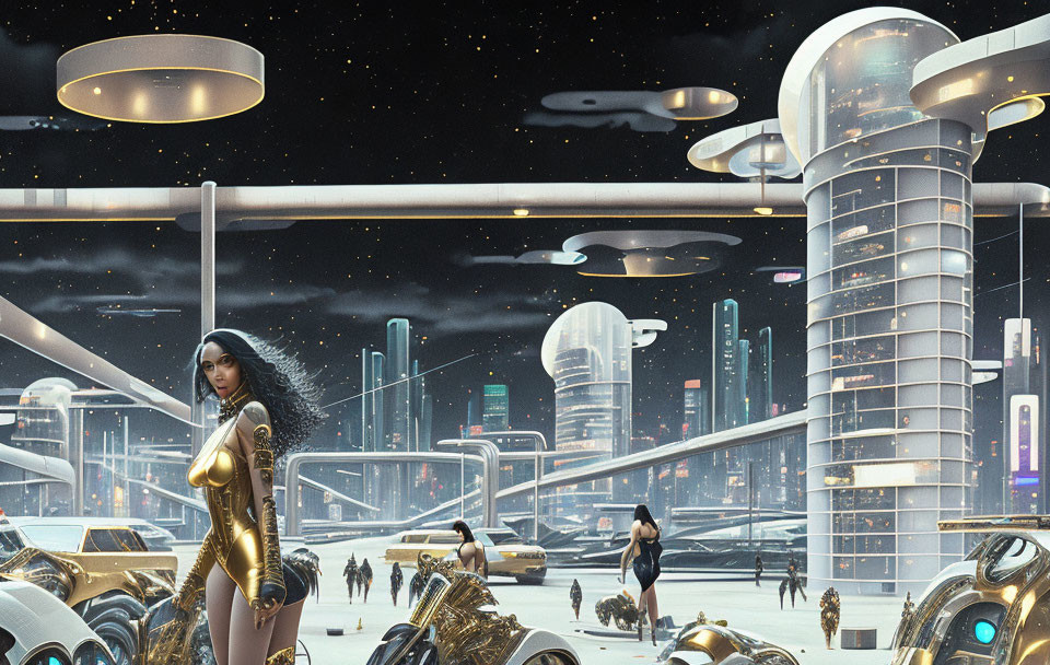 Futuristic cityscape with sleek buildings and flying vehicles featuring a woman in a golden suit