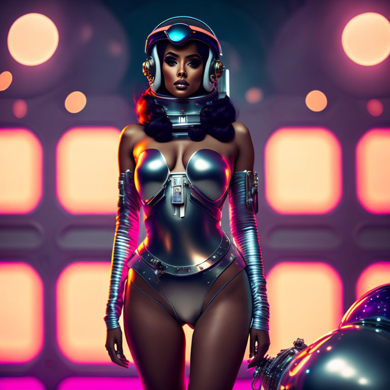 Futuristic female android in sleek armor with glowing elements on neon-lit backdrop