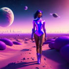 Futuristic woman in blue suit on desert landscape with neon lights