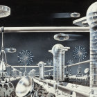 Futuristic cityscape with sleek buildings and flying vehicles featuring a woman in a golden suit