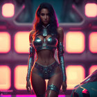 Futuristic female android in sleek armor with glowing elements on neon-lit backdrop