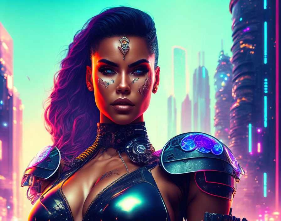 Futuristic cyberpunk woman with vibrant makeup and high-tech armor in neon-lit cityscape