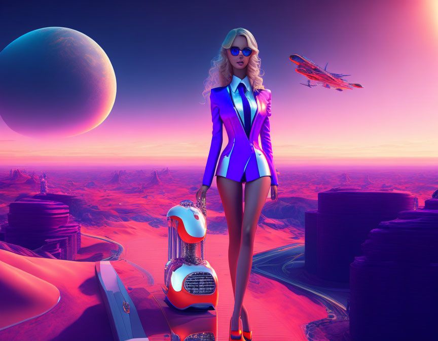 Futuristic woman in blue suit on desert landscape with neon lights