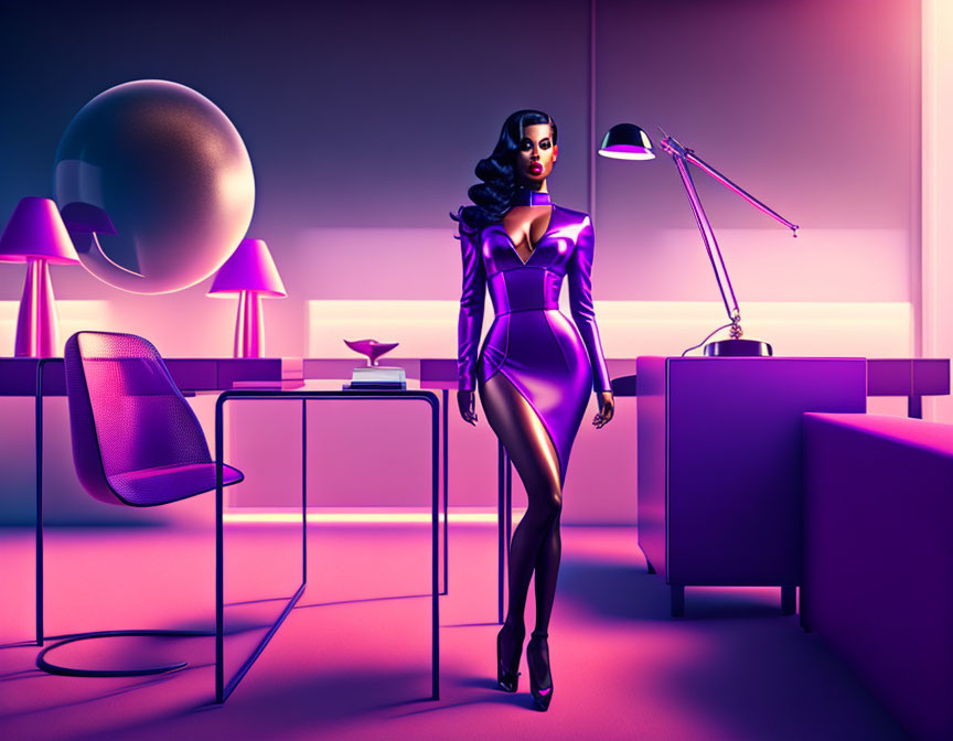 Futuristic purple dress woman in modern room with desk