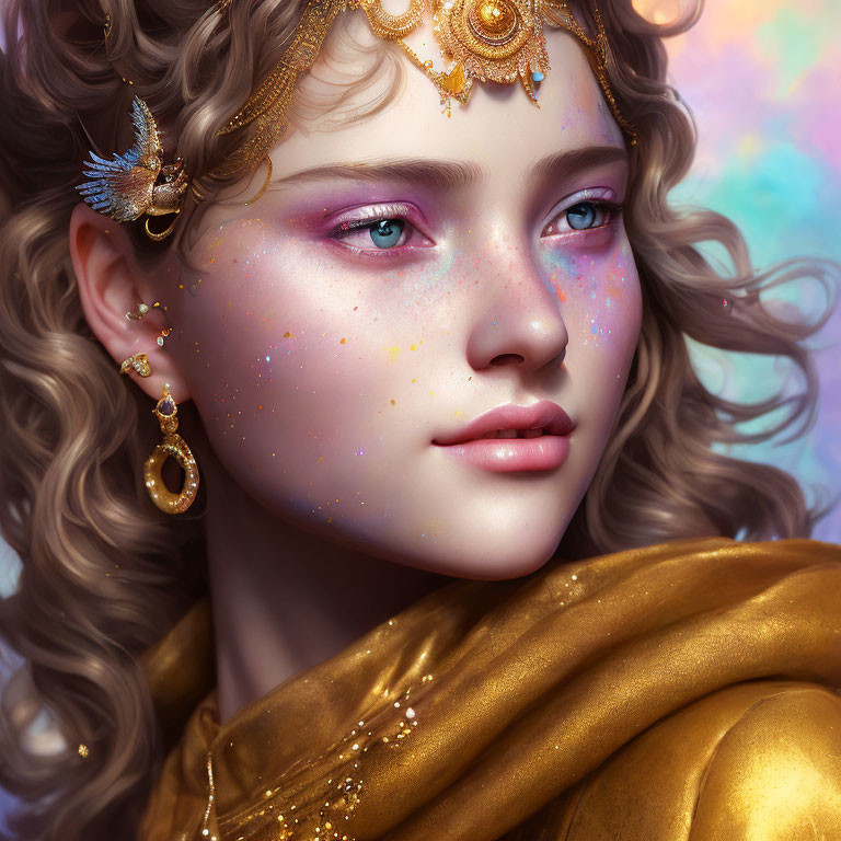 Young woman with golden jewelry, freckles, wavy hair, ethereal makeup, and fantasy