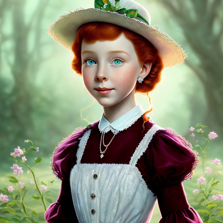 Digital illustration of young girl with red hair in Victorian dress and hat against green backdrop