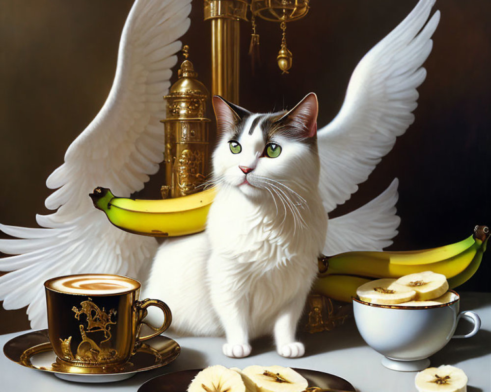 White cat with angelic wings beside coffee, spoon, bananas, and chandelier.