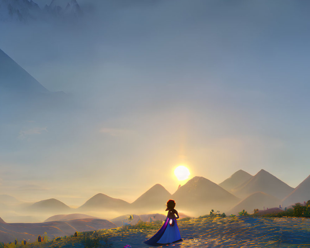 Person in Cape Facing Sunrise over Serene Mountain Landscape