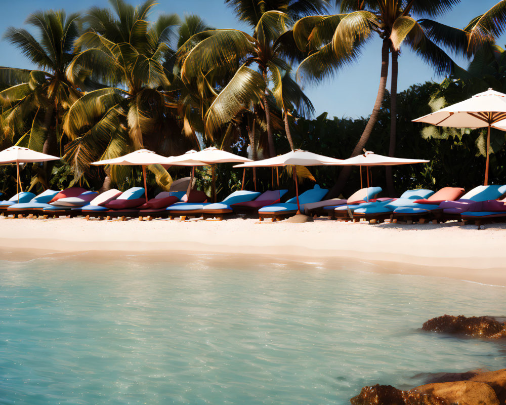 Tropical Beach Scene with Palm Trees and Sun Loungers