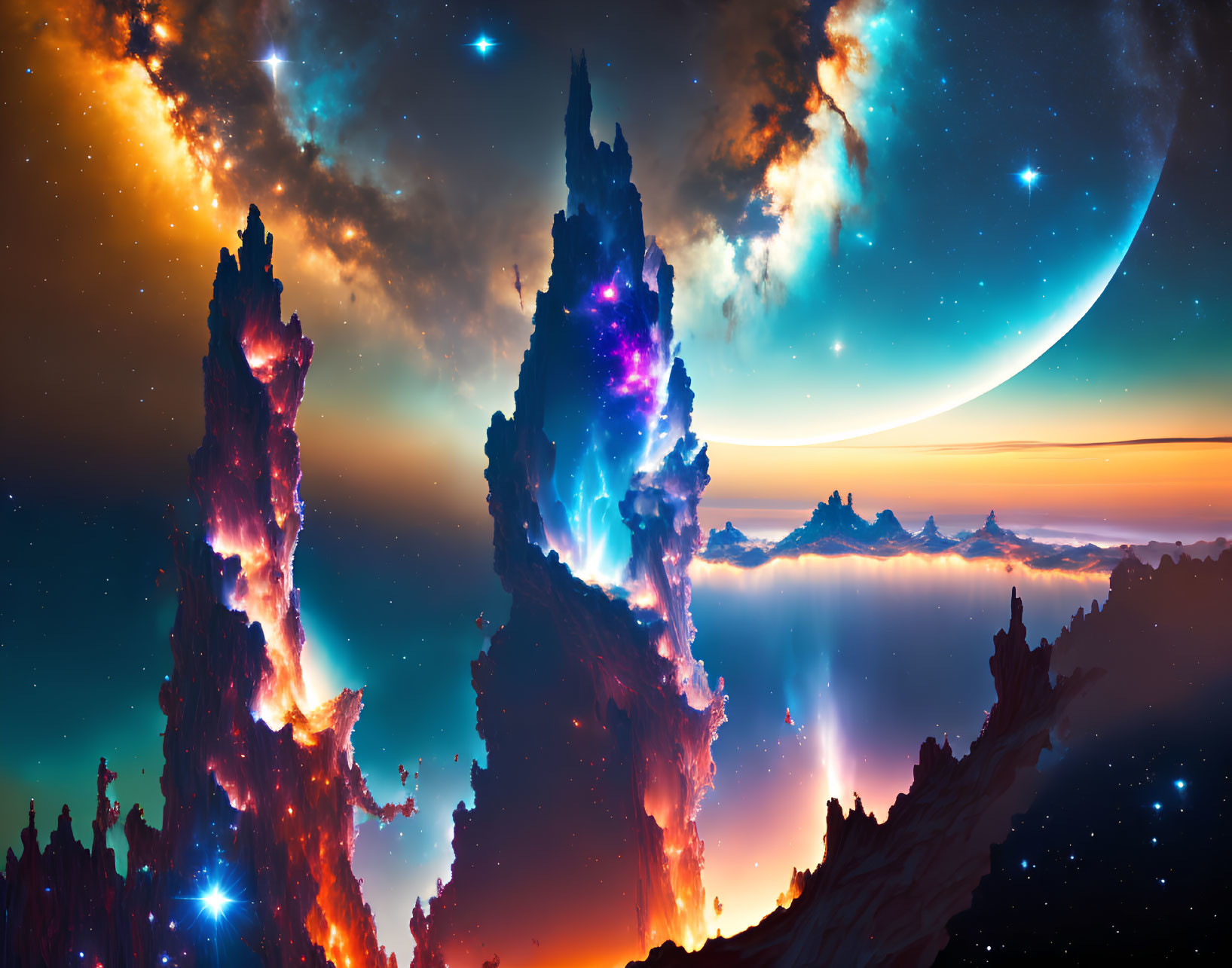 Vibrant sci-fi landscape with cosmic pillars, moon, stars, and nebula