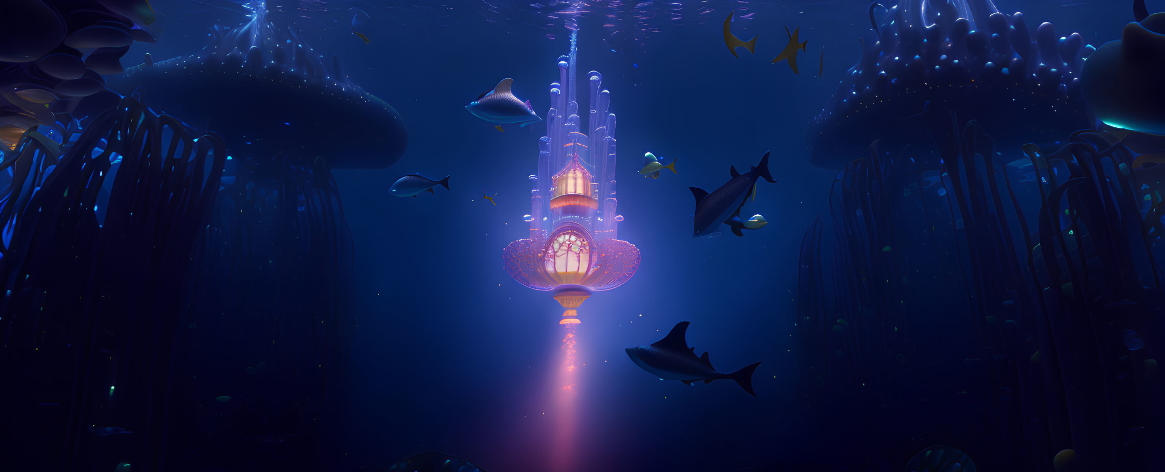 Fantastical underwater scene with glowing tower, jellyfish, fish, and seagrass