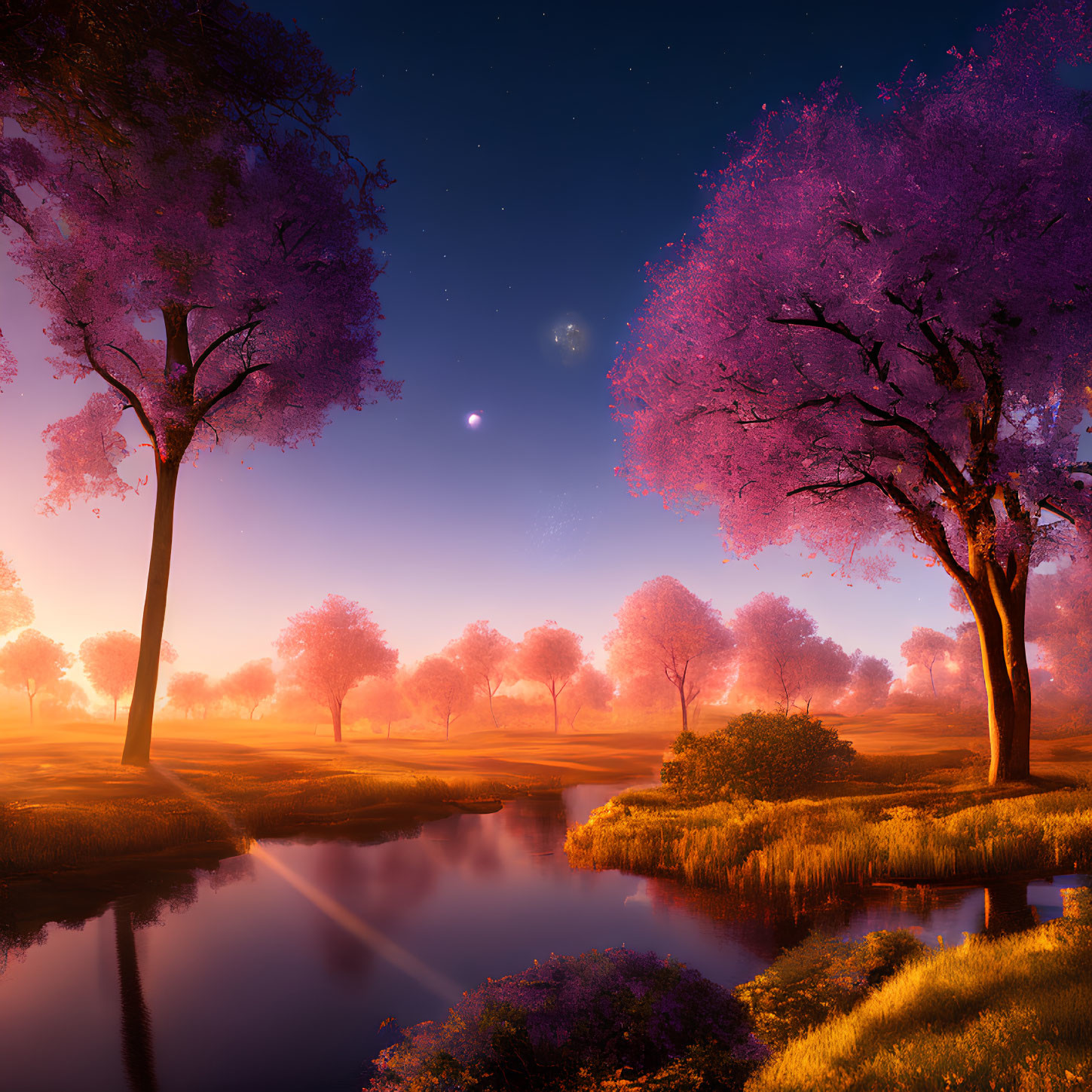 Twilight landscape with purple trees, river reflection, stars, and planet