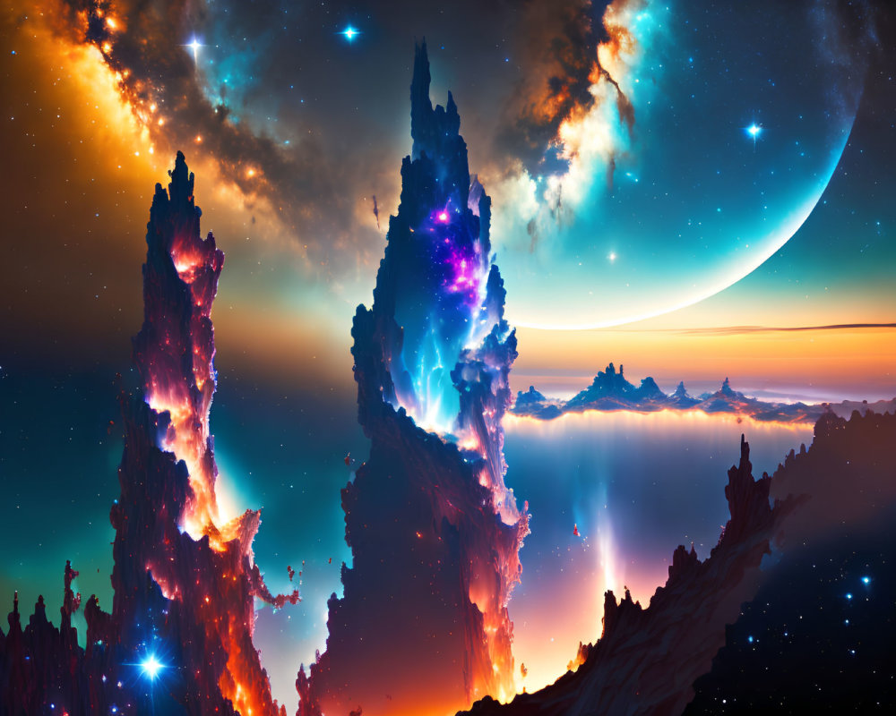 Vibrant sci-fi landscape with cosmic pillars, moon, stars, and nebula