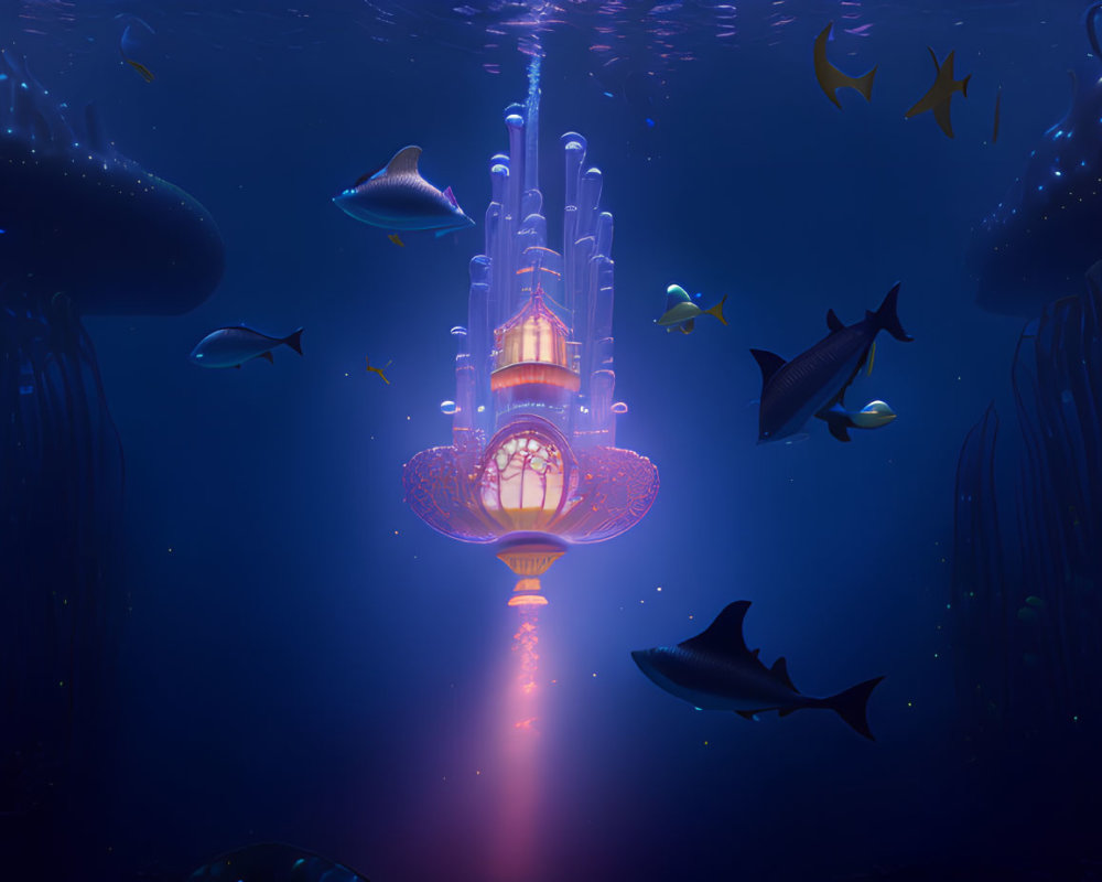 Fantastical underwater scene with glowing tower, jellyfish, fish, and seagrass