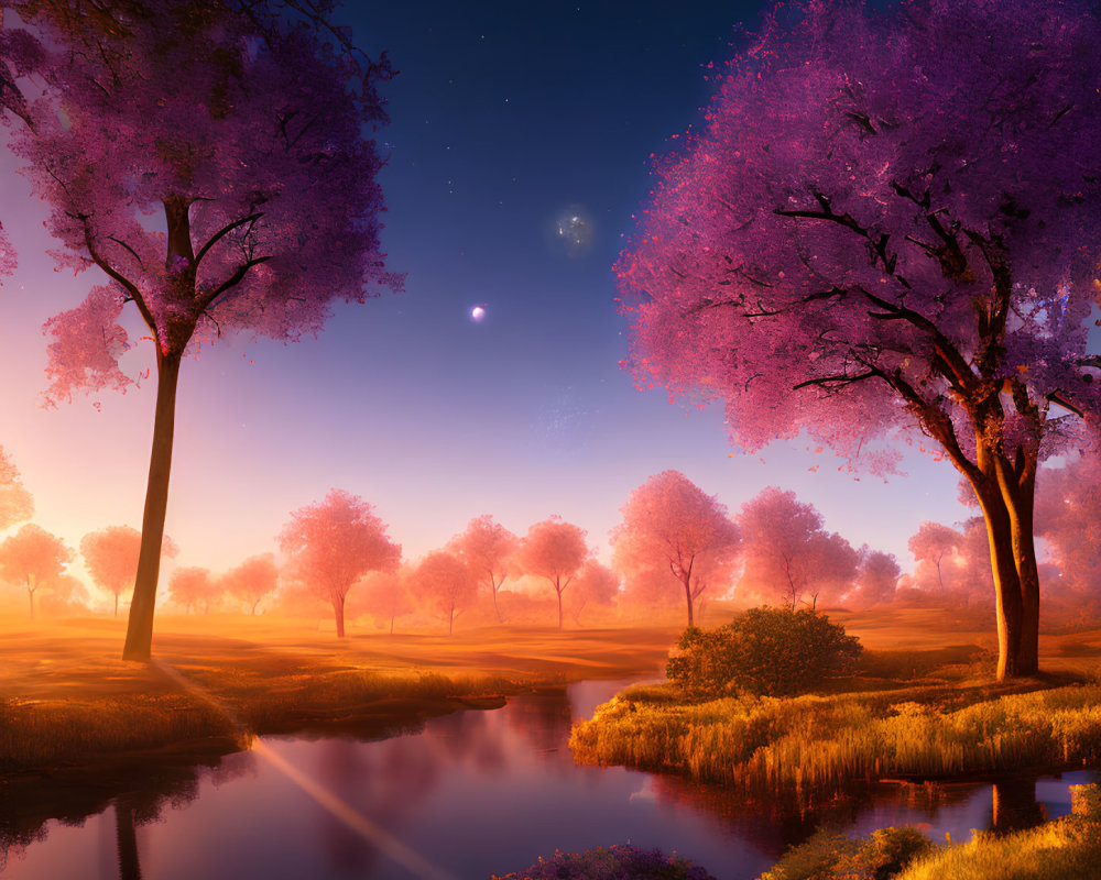 Twilight landscape with purple trees, river reflection, stars, and planet