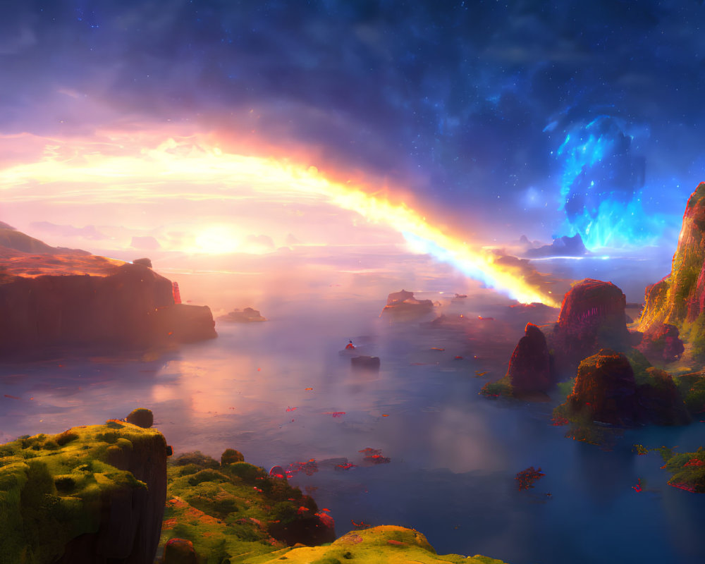 Sci-fi landscape with glowing celestial bodies, starry sky, moss-covered cliffs, calm waters, and