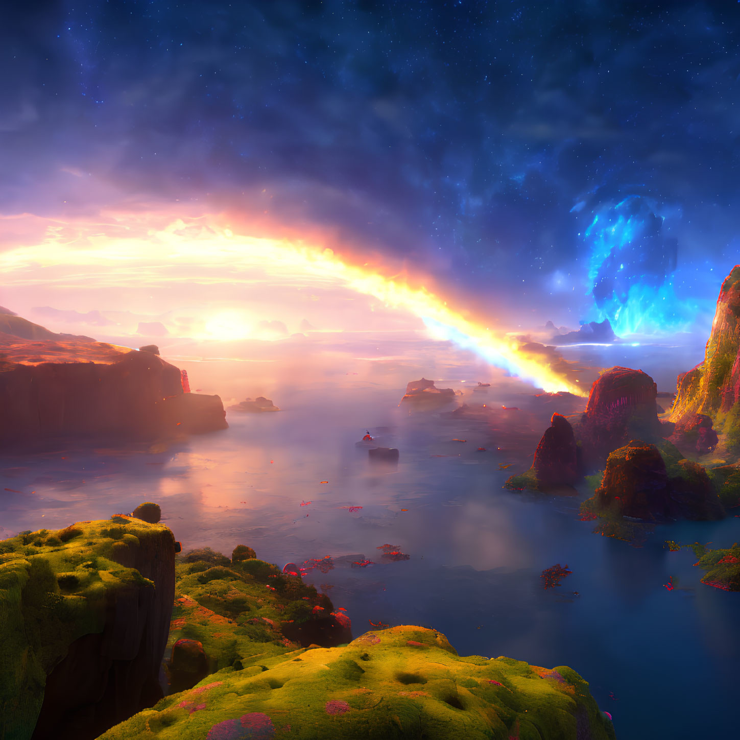 Sci-fi landscape with glowing celestial bodies, starry sky, moss-covered cliffs, calm waters, and