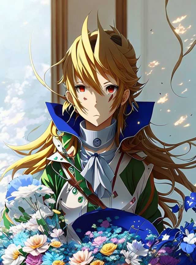 Blond-Haired Animated Character in Blue and White Outfit with Red Eyes, Surrounded by Flowers