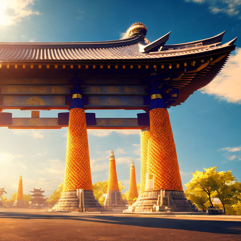 Traditional East Asian Gate with Upturned Eaves and Golden Columns under Clear Blue Sky