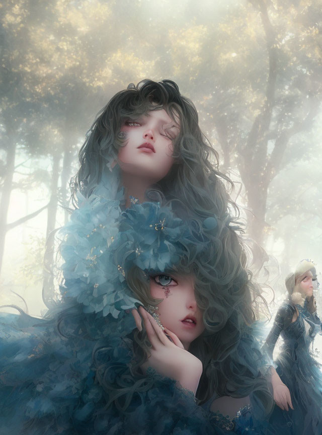 Surreal image of two female figures in blue attire in a foggy forest