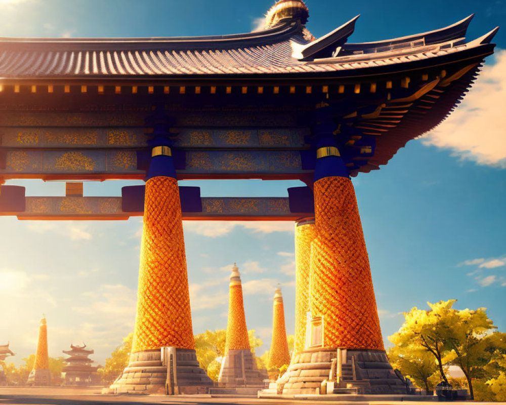 Traditional East Asian Gate with Upturned Eaves and Golden Columns under Clear Blue Sky