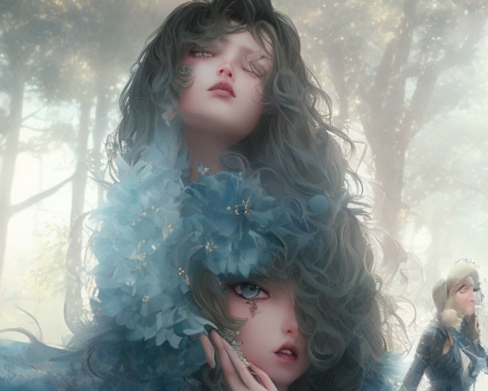 Surreal image of two female figures in blue attire in a foggy forest