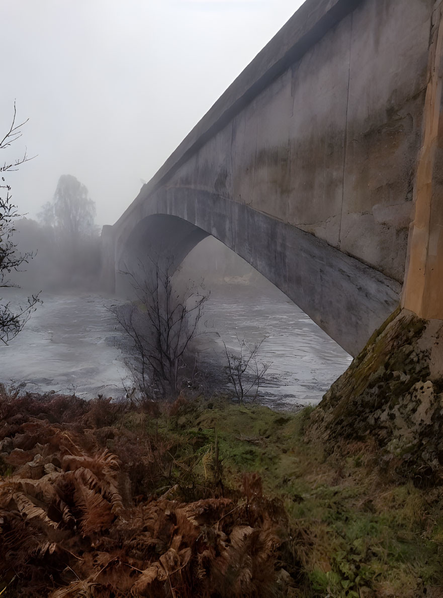 Foggy Day Scene: Concrete Bridge, High Water, Bare Trees & Dying Ferns