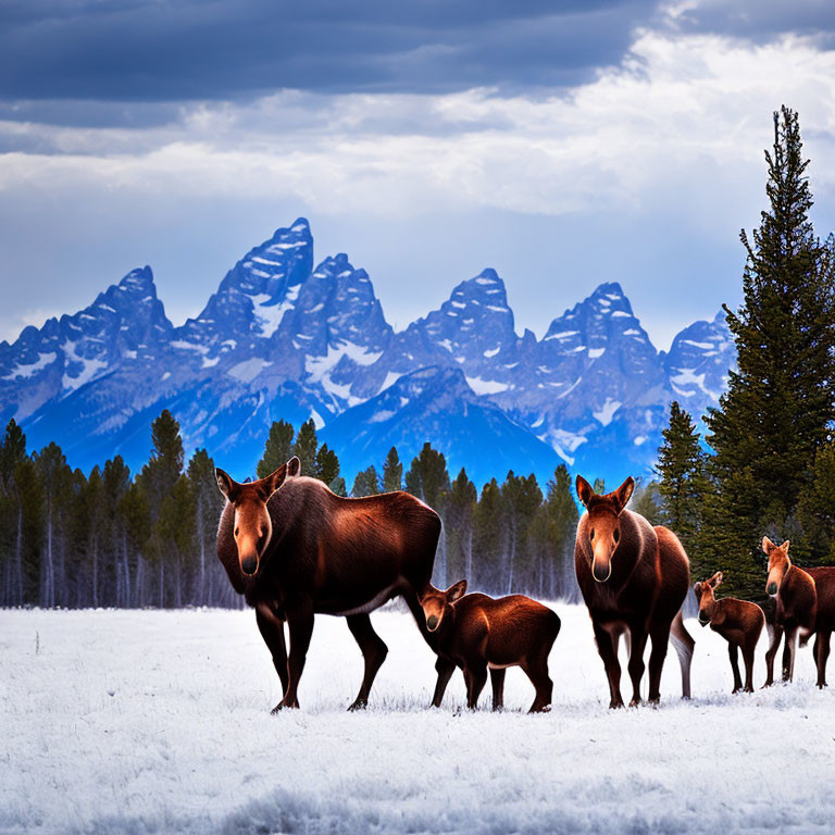 Horses in snowy field with snow-capped mountains & cloudy sky