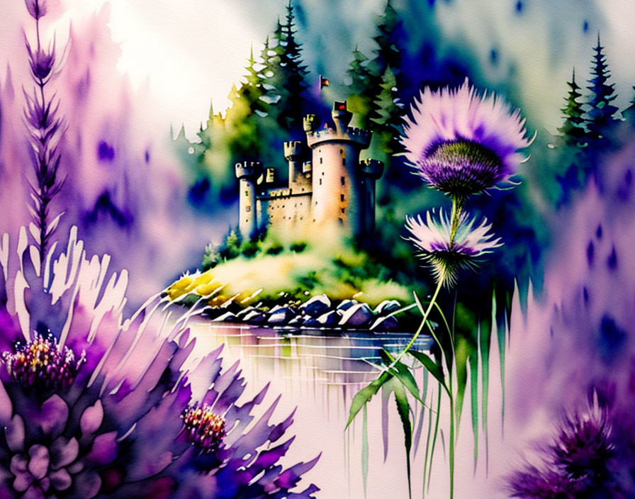 Whimsical castle in vibrant watercolor forest landscape