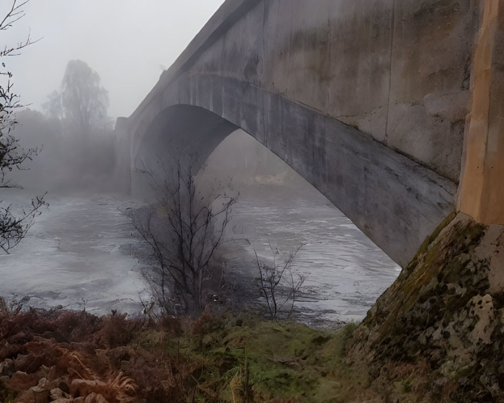 Foggy Day Scene: Concrete Bridge, High Water, Bare Trees & Dying Ferns