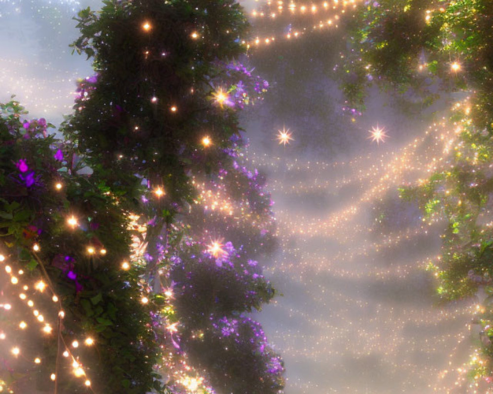 Enchanting garden scene with lush greenery, fairy lights, and purple flowers