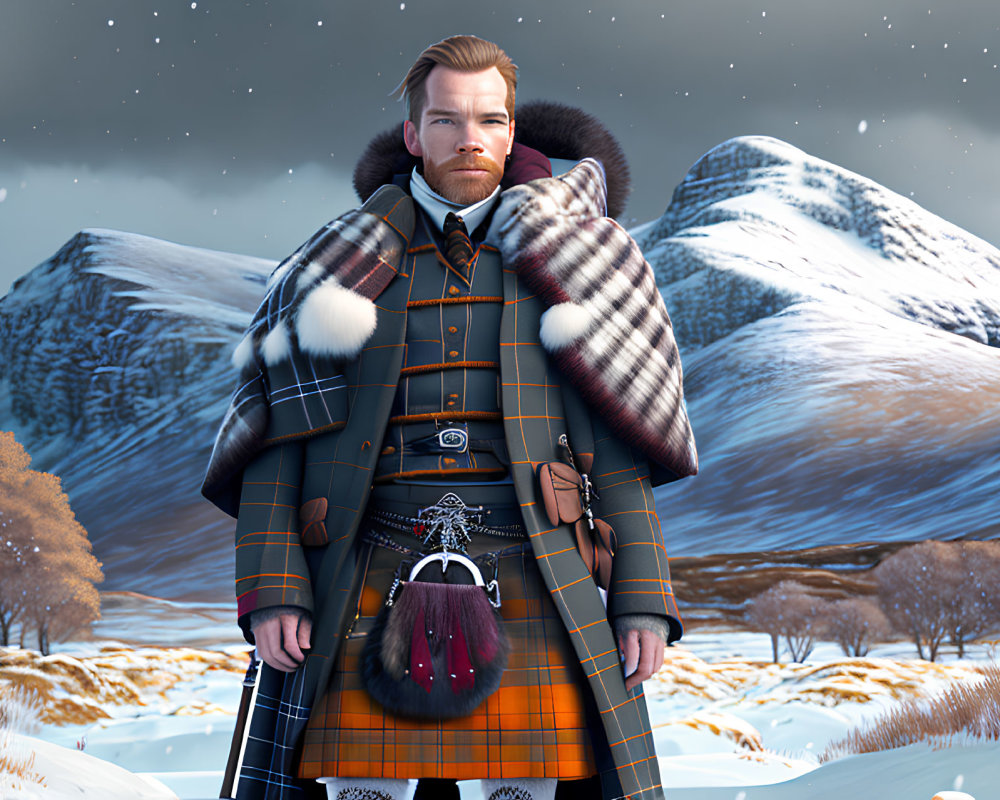 Bearded man in Scottish attire in snowy mountain landscape