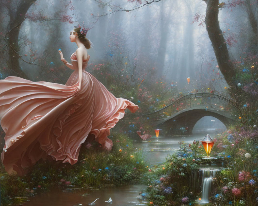 Elegant woman in pink dress by stream in mystical forest