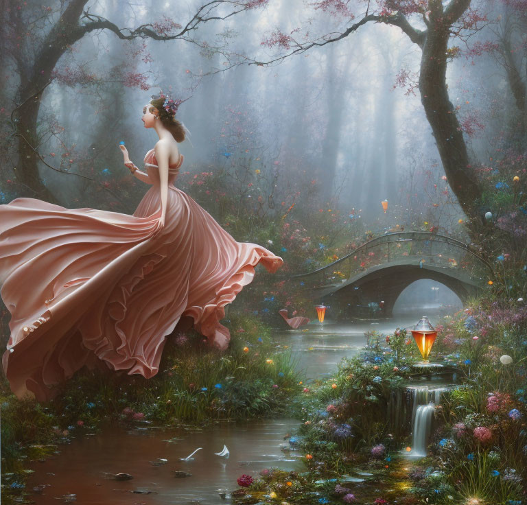 Elegant woman in pink dress by stream in mystical forest