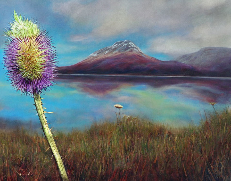 Colorful thistle by serene lake with mountains and moody sky