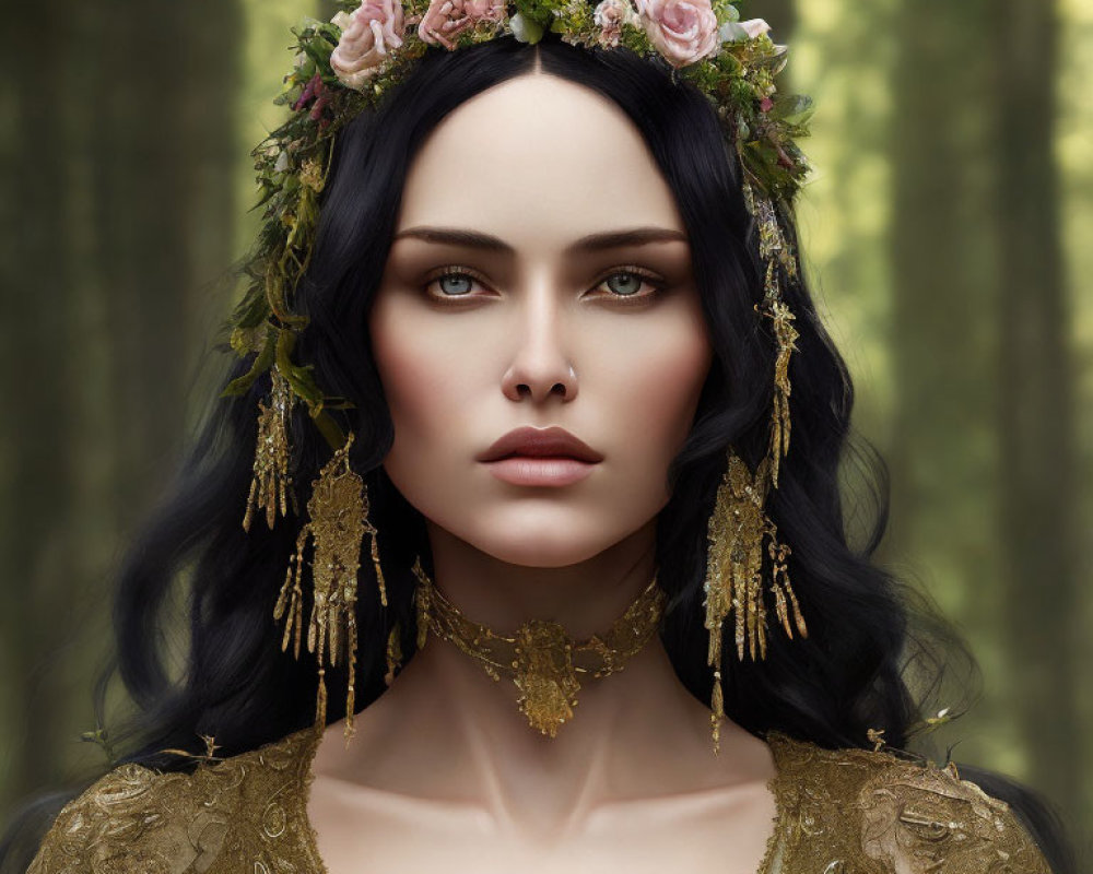 Digital artwork: Woman with black hair, floral crown, and gold jewelry in forest setting