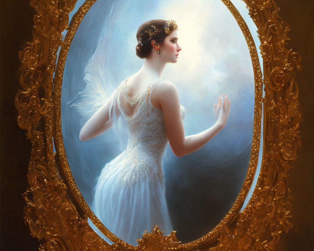 Vintage white dress woman in ornate mirror against misty backdrop