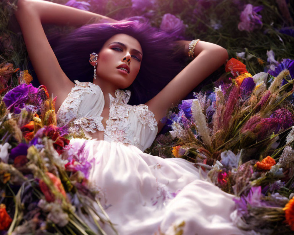 Purple-haired woman in white dress surrounded by colorful flowers in a field