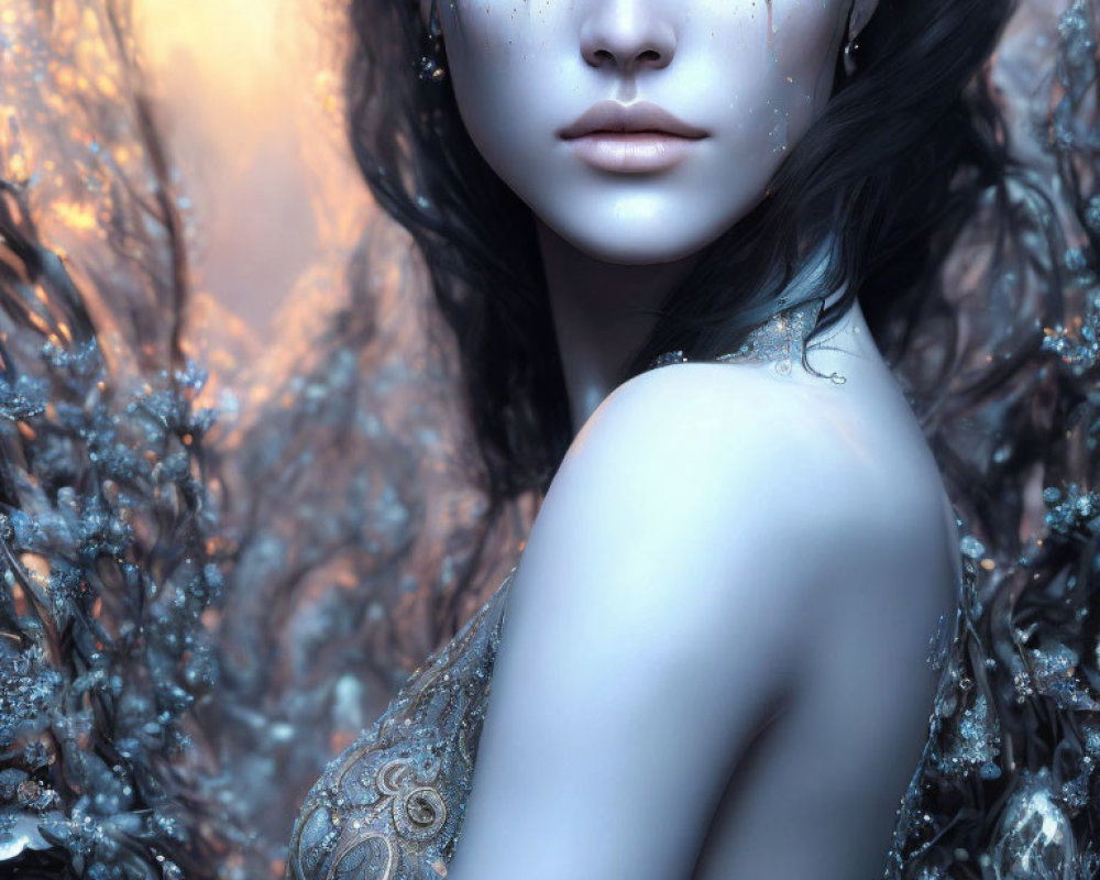 Portrait of Woman with Striking Blue Eyes and Dark Hair in Silver Adornments