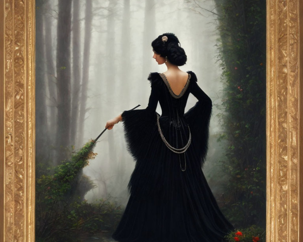 Elegant woman in black dress with pearl accents in misty forest setting