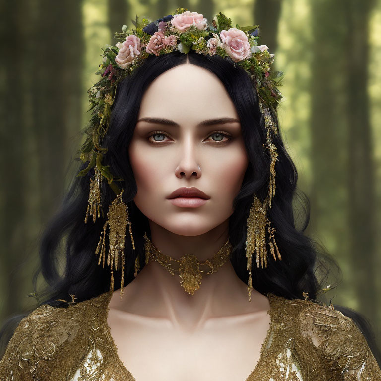 Digital artwork: Woman with black hair, floral crown, and gold jewelry in forest setting