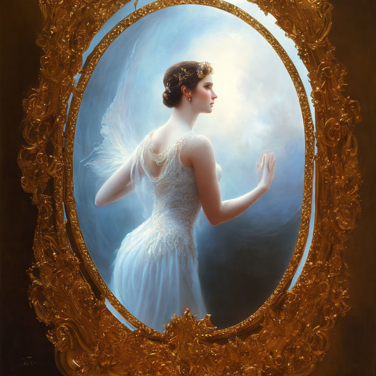 Vintage white dress woman in ornate mirror against misty backdrop