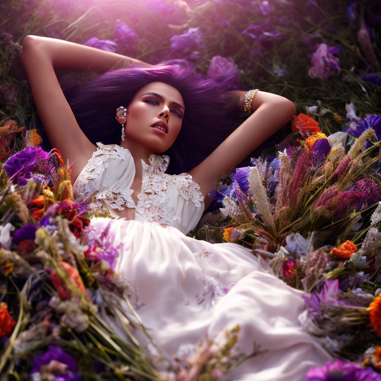 Purple-haired woman in white dress surrounded by colorful flowers in a field