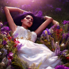 Purple-haired woman in white dress surrounded by colorful flowers in a field