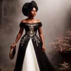 Luxurious Black and White Gown with Gold Necklace and Clutch on Elegant Woman against Moody Purple Flower