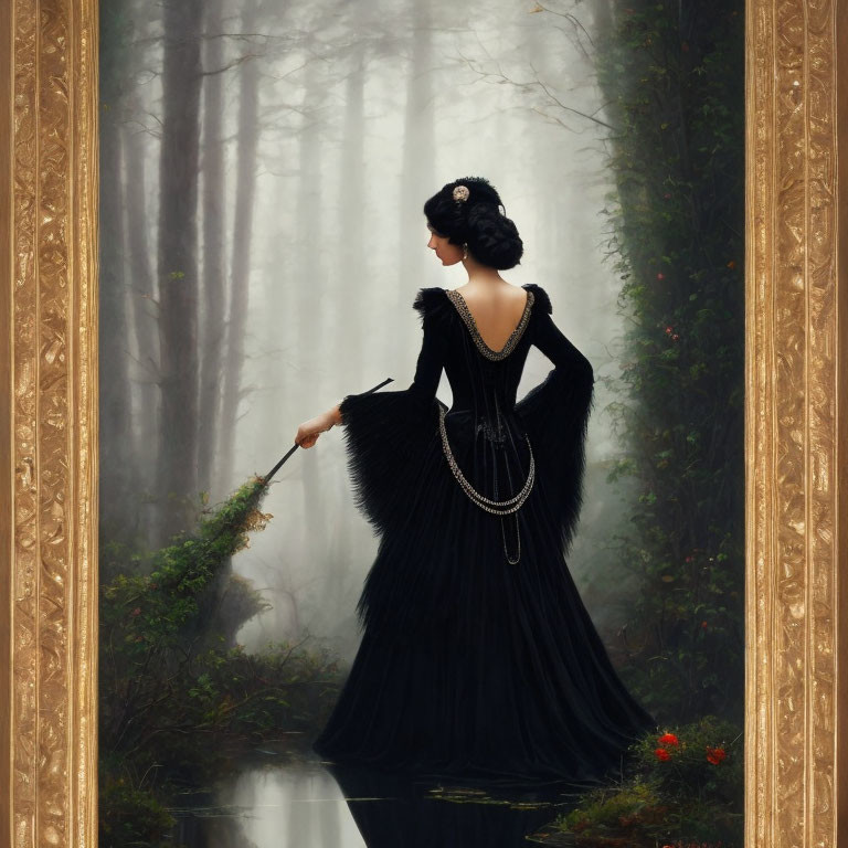 Elegant woman in black dress with pearl accents in misty forest setting