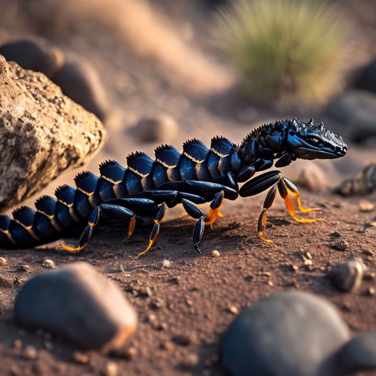 Black Spiked Scorpion with Orange Pincers on Rocky Terrain at Dusk