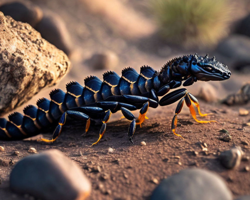 Black Spiked Scorpion with Orange Pincers on Rocky Terrain at Dusk