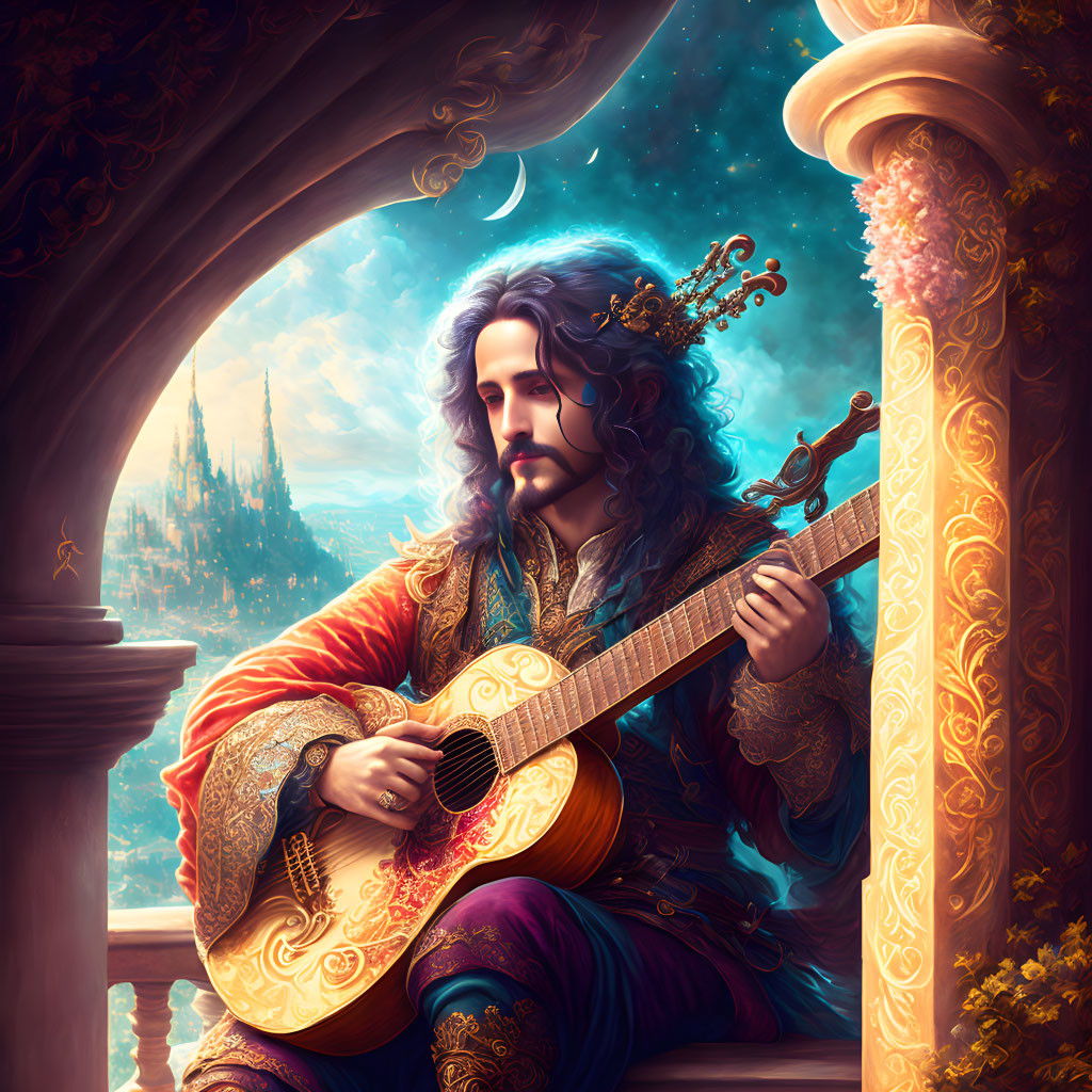 Royal man with crown playing lute by castle window in fantasy landscape