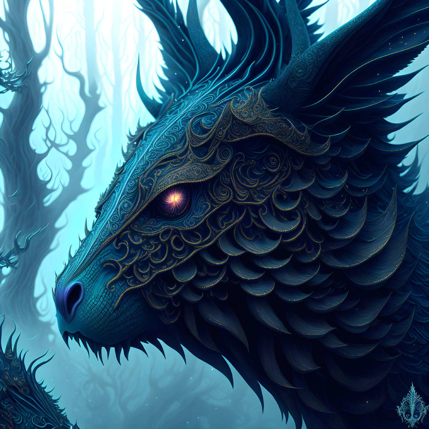 Blue dragon with golden patterns, amber eyes, foggy forest backdrop